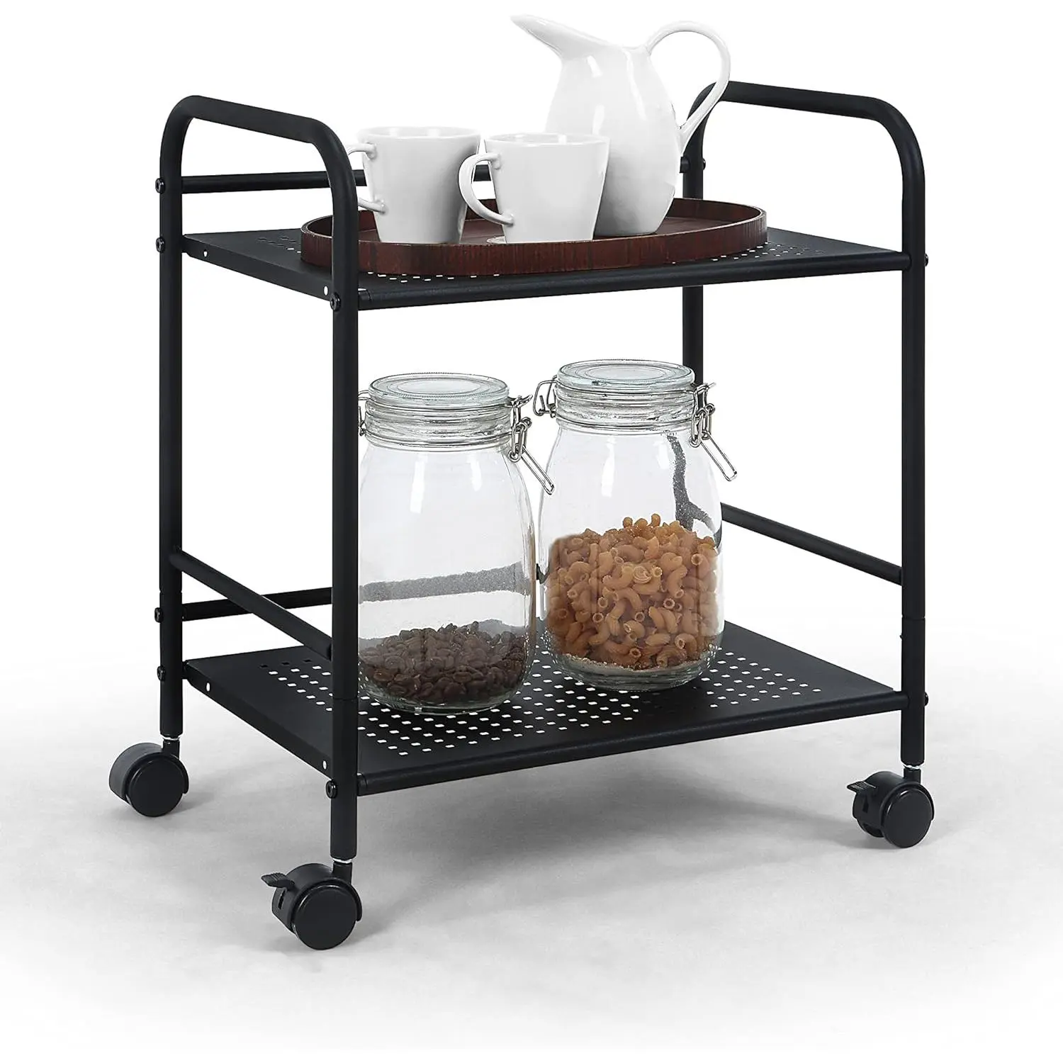 2-Tier Metal Rolling Cart with Caster Wheels - Multi-Purpose Mobile Storage Racks & Metal Shelves - Small Space Organizer for Office/Kitchen (BLK)