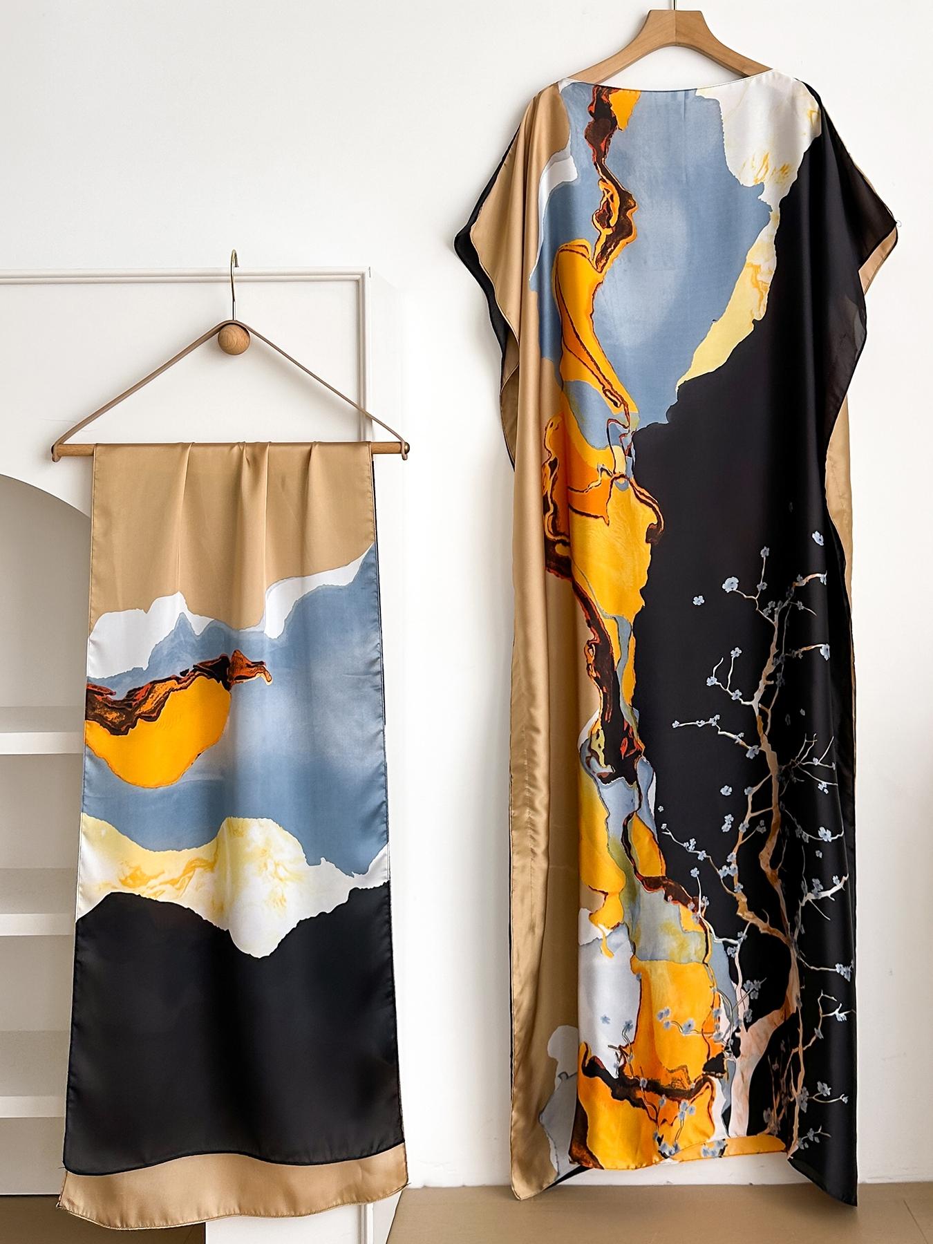 1 Piece Fashion Printed Robe Pullover Shawl moomoo Dress Long Wrap Silk Scarf Headband Ladies Womenswear Seaside Beach Sunshade Sunscreen Satin Silk Scarf