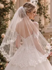 Elegant mid-length bridal veil featuring soft tulle and delicate floral lace trim—a French-inspired, affordable luxury accessory perfect for weddings and bridal photography. Wedding veils for brides