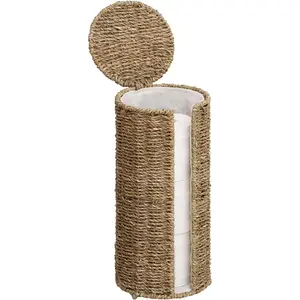 Seagrass Free Standing Toilet Paper Holder Stand for Bathroom, 3 Rolls of Toilet Tissue Storage with a Built-in Cloth Lining, Toilet Roll Holder Stand with Lid