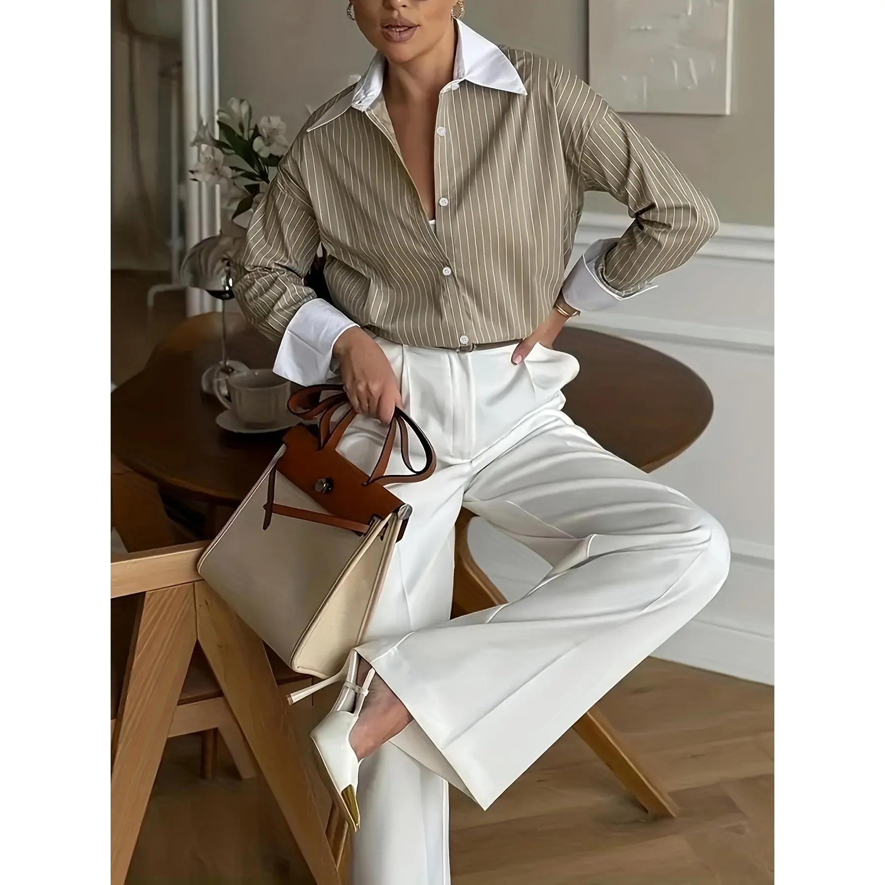 Women's Elegant Color-Block Striped Button-Front Collared Woven Blouse - Long-Sleeve Polyester Dolman-Sleeve Crop Baby Doll Top for Casual Commuting, Date Night, Women's Clothes (Do Not Dry Clean)