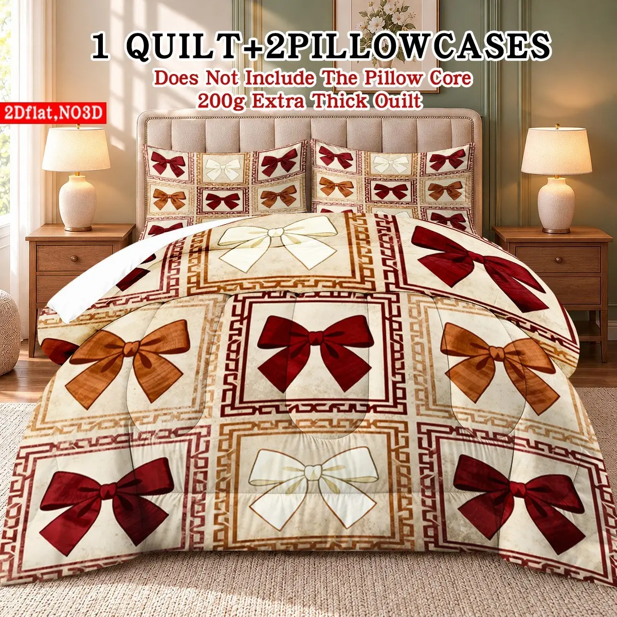 3pcs Vintage Bow Print Quilt Insert Set, Easy Clean, Breathable, Soft, Warm, All Seasons, Ideal Gift, Includes 1 Quilt, 2 Pillowcases