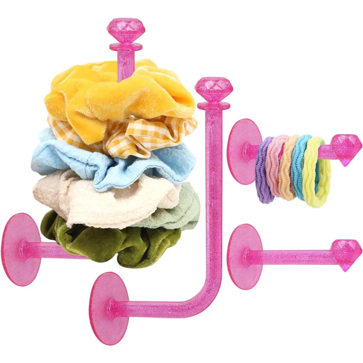 4 count Headband Holder Stand Scrunchie Organizer, Girls Hair Accessories Organizer Storage for Headband Hairband Hair Ties, Clear Glitter Adhesive Scrunchy Holder Scrunchie Storage…