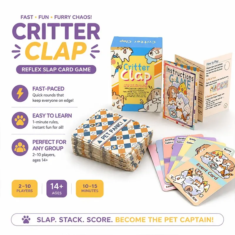 Critter Clap Reflex Slap Card Game for 2-10 Players, Fast Pet Matching Party Game with Event Cards, Quick Reactions, Short Rounds, Family Game Night and Party Table Play, Ages 14+