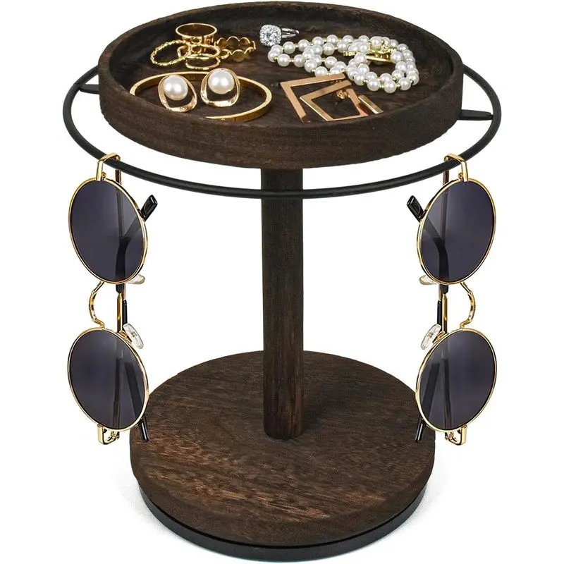 360° Rotating Sunglasses Organizer with Wood Tray and Base, Eyeglasses Display Stand for 12–16 Pairs, Jewelry, Desk, Dresser and Nightstand, Brown