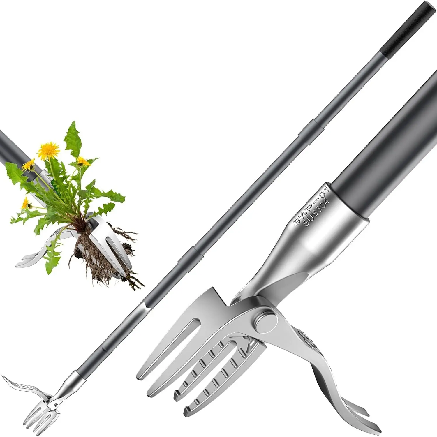 52'' Weed Puller Tool Stand-up Weeder with Metal Long Handle/Stainless Steel Claw, Gardening Manual Tool Weed Gripper//Remover No Bending/Kneeling to Remove Dandelion Form Lawn Patio