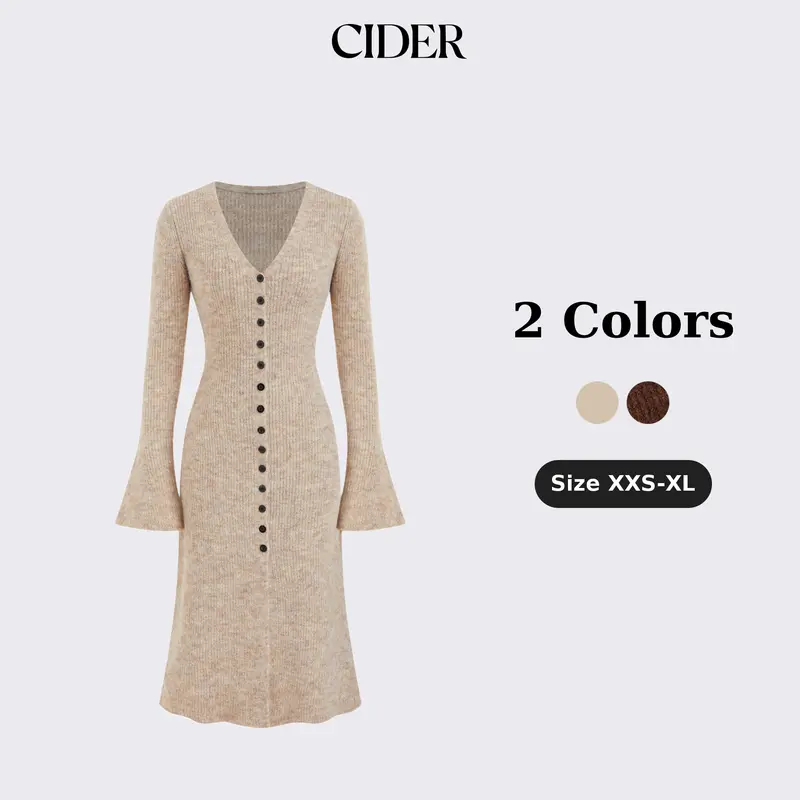 Cider Knit V-Neck Button Front Bell Sleeve Midi Dress