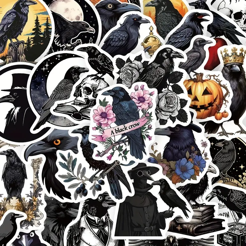 50 black crow gothic stickers for decorating phone cases, laptops, and luggage