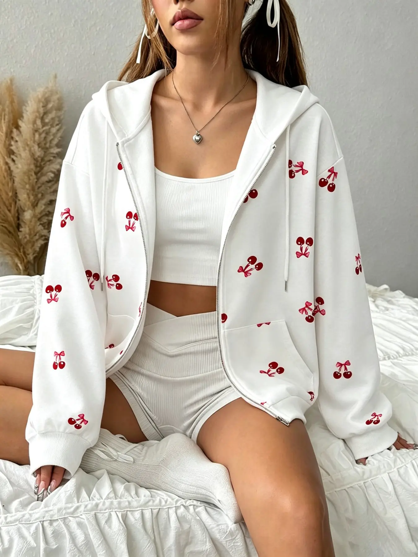 2026 Viral TikTok Coquette Kawaii Women Cherry Bow Print Full Zip Hoodie Jacket, All Over Red Cherry Graphic Oversized Drop Shoulder Long Sleeve Zip Up Hooded Cardigan, Soft Brushed Lightweight Wrinkle Resistant Casual Sweat Outerwear,