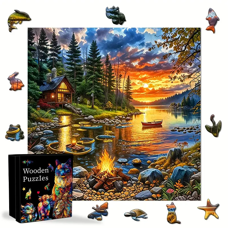 Sunset Lakeside Cabin Wooden Jigsaw Puzzle, Brain Teaser Game in Wooden Box, Room Decoration, Perfect Gift for Birthday, Christmas, Halloween