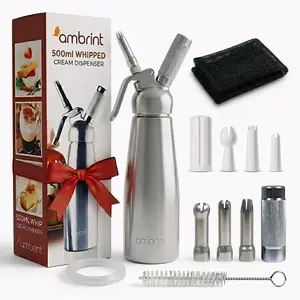 Heavy-Duty Aluminium Whipped Cream Dispenser with 6 Stainless Steel & Plastic Decorating Nozzles Cleaning Brush & Storage Bag Premium Whip Maker for Homemade Desserts