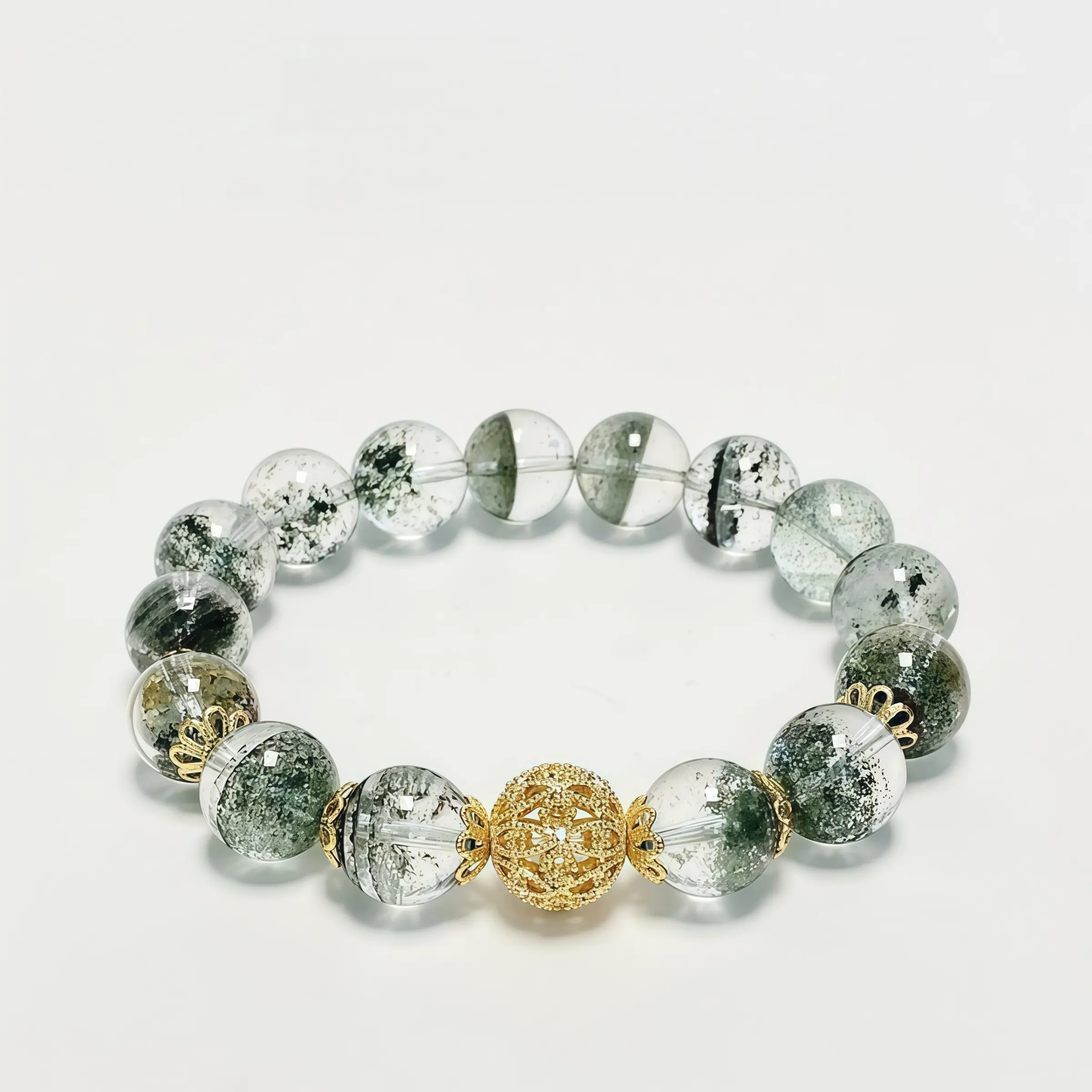 Green Phantom Quartz Beaded Bracelet, Elegant Gold Tone Accent, Unique Textured Crystal Ornament, Auspicious Prosperity Jewelry for Daily Wear