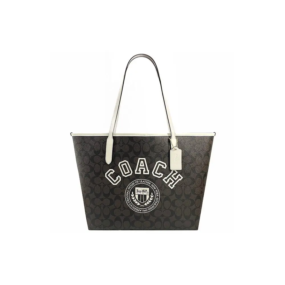 COACH City 33 Classic Monogram Leather Tote Bag for Women, Black and White
