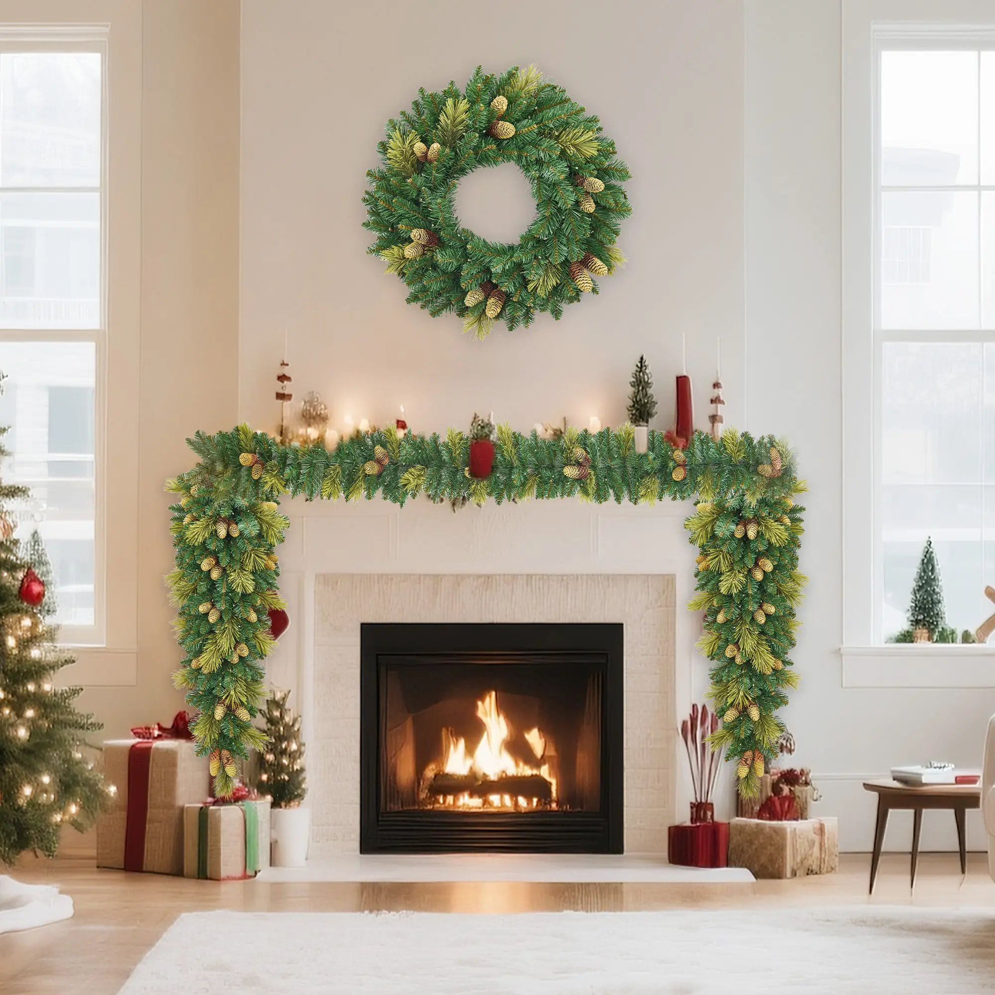 【IdealHouse】6‑Piece Pre‑Lit Flocked Christmas Decoration Set, Battery‑Operated LED Lights, Contains Wreath, 2 Garlands and 3 Swags, Festive Holiday Ornaments for Indoor and Outdoor Use