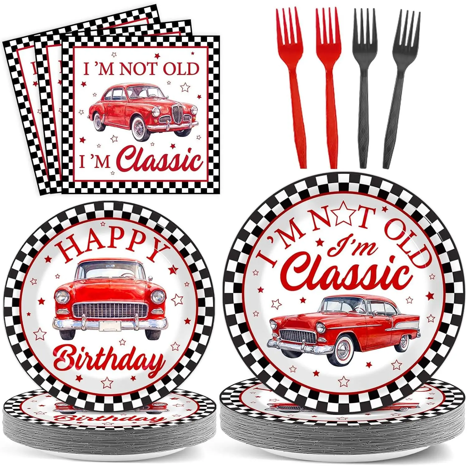 96PCS Red Classic Car Birthday Party Decorations I am Not Old I am Classic Tableware Paper Plates Napkins Sets Vintage Red Car Birthday Party Supplies for Men Vintage Cars Home Parties Decors Serve 24