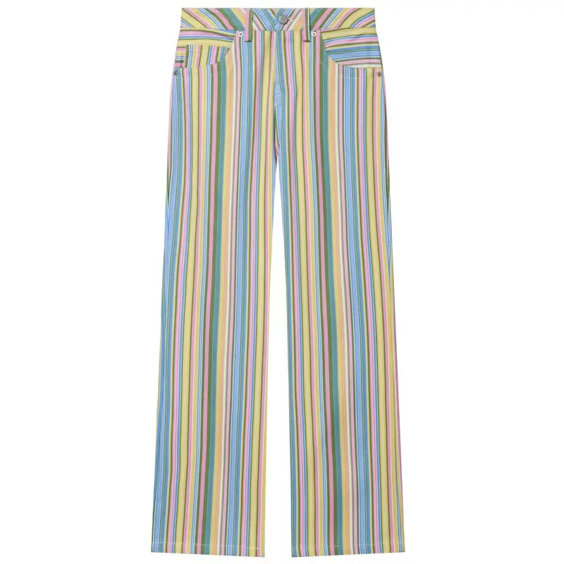 Women's Rainbow Striped Jeans | Mid-Waisted Straight Leg Trousers | Casual Streetwear Fashion for Spring 2026