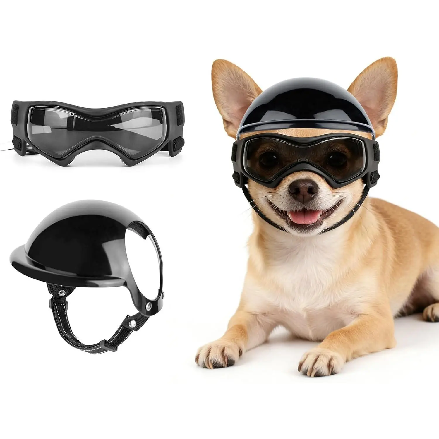 Extra Small Puppy Helmet Set with Ear Holes - Motorcycle Look Dog Goggles with UV Protection for Outdoor Safety, Pet Outdoor Activities
