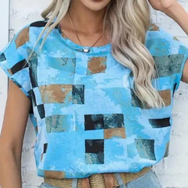 Scacto Women's Geometric Aztec Print Top, Casual Crew Neck T-Shirt for Summer in Durable Non-Stretch Polyester, Tops