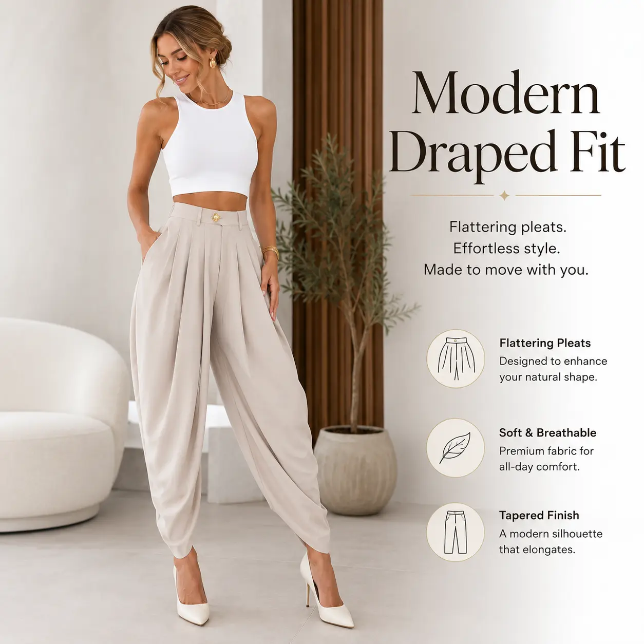 Women’s High Waist Pleated Pants Wide Leg Trousers Elegant Draped Tulip Leg Pants Soft Lightweight Casual Work Office Pants with Pockets Chic Loose Fit Dress Pants for Women Fashion Streetwear Travel Vacation Everyday Outfit Spring Summer Fall