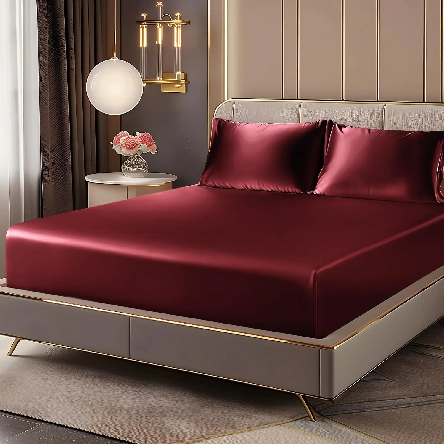 Full Fitted Sheet & Pillowcase Set, Burgundy, 3 Pieces| Luxury Soft Silk-Like Fitted Sheet Set, 15 Inch Deep, Elegant and Reduces Friction, Gentle on Hair and Skin