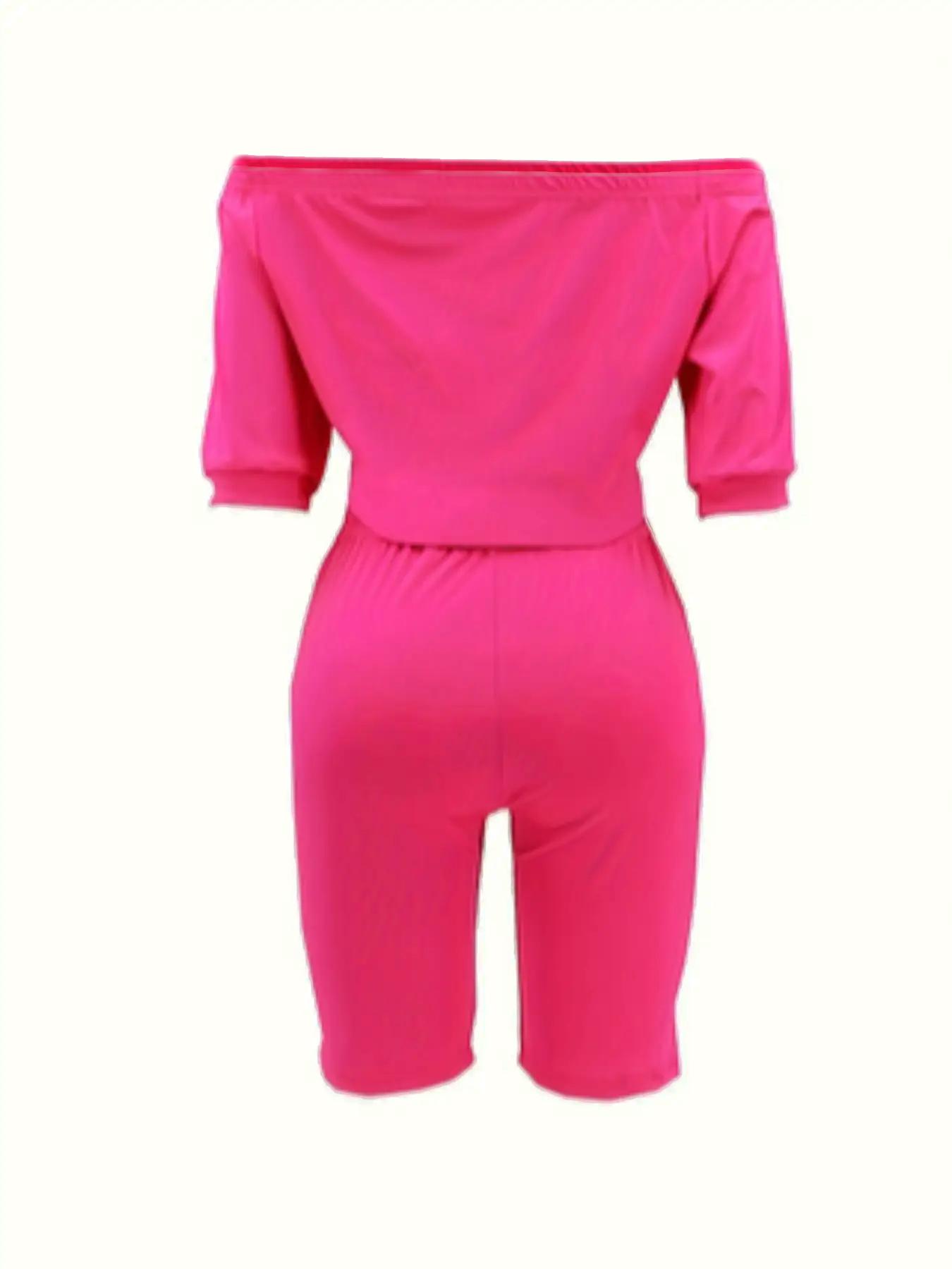 Women's Solid Jersey Ruched Off Shoulder Crop Top & Elastic High Waist Shorts Set, Casual Fashion Half Sleeve Top & Fitted Skinny Shorts, Ladies Summer Clothes