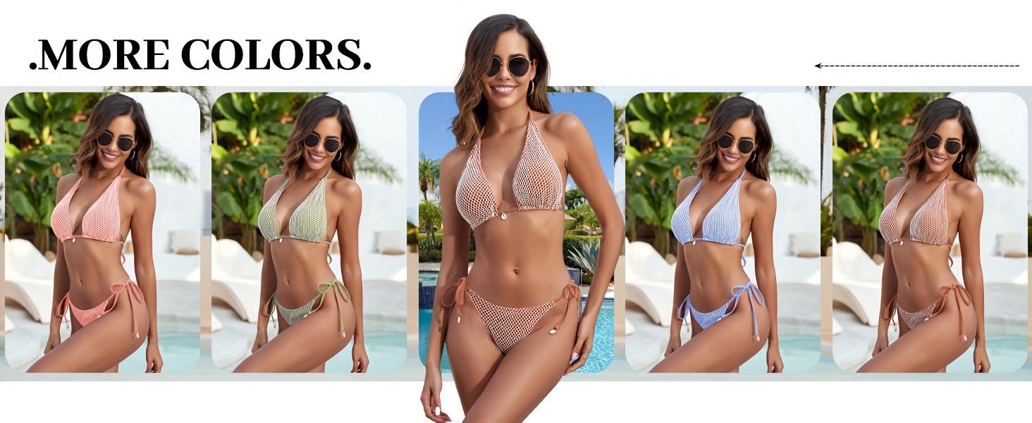 Women'S Bikini Set Fishnet Triangle Tie Convertible Collar Halter Bandeau Shell Two Piece Bathing Suit