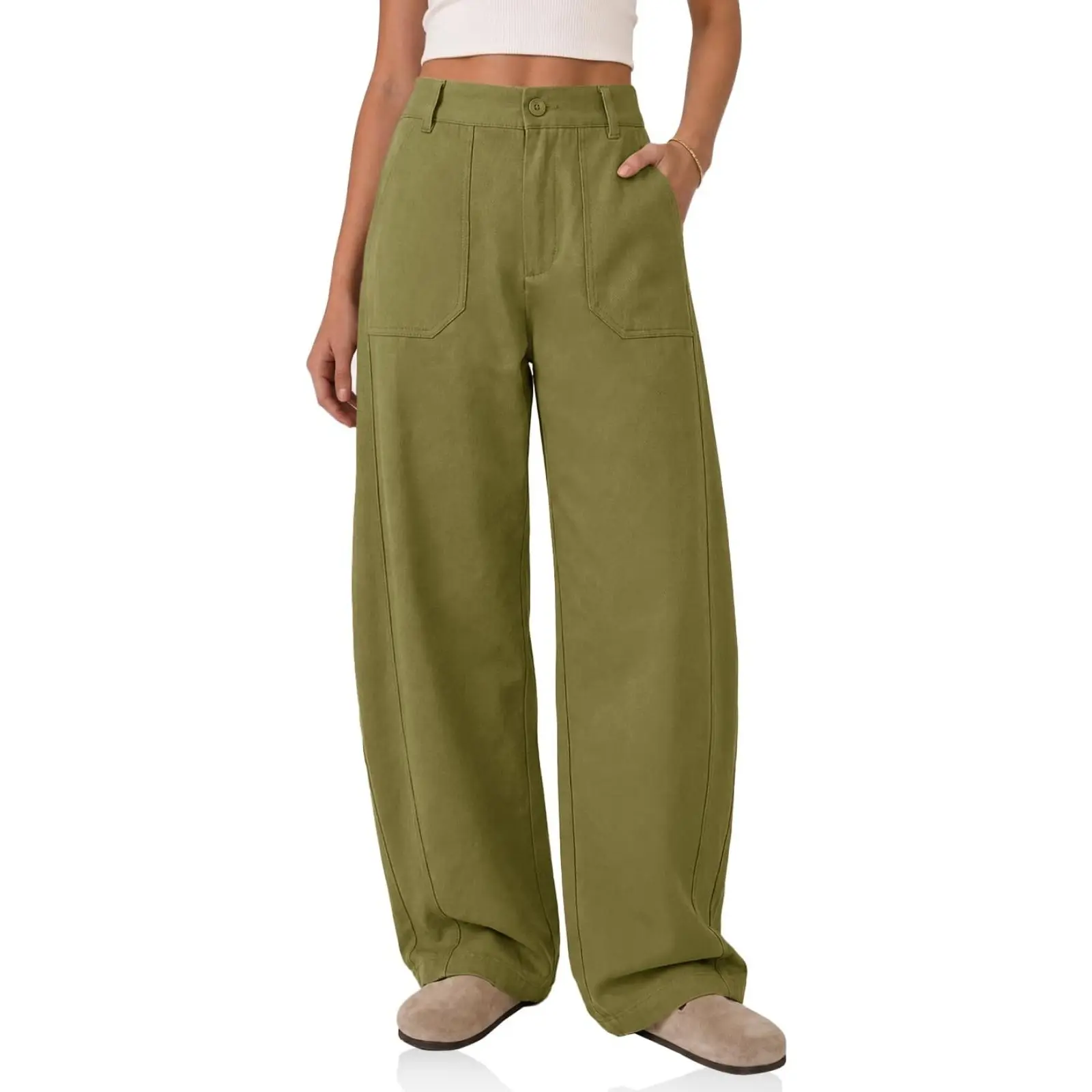Cicy Bell Women's High Waisted Barrel Pants Wide Leg Cuffed Pants | Pants for Women, Elastic Waist, High Rise, Front Patch Pockets, Fall Pants, Dressy Casual, Daily Wear, Loose Fit