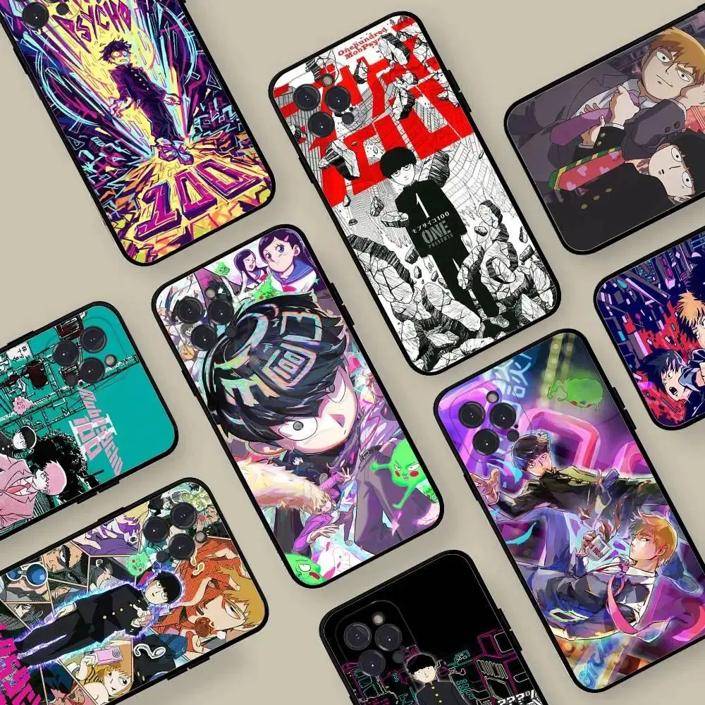 M-Mob Psycho 100 Anime Black Soft TPU Phone Case, Shockproof Minimalist Manga Style Cover Designed for iPhone 11-17 Pro Max/Plus & Samsung Galaxy S23-S25