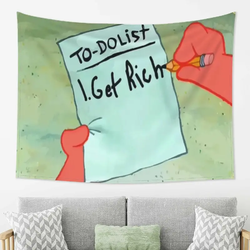Cartoon Get Rich Checklist Tapestry, Red Hand Writing a Short To Do List on Pale Blue Paper Wall Hanging for Bedroom Dorm Office Studio, Funny Ambition Meme Home Decor Wall Art, Peach Skin Fabric, Multiple Sizes Available