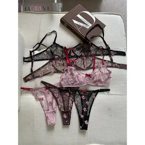 Logirlve French Ultra Thin Lace Embroidery Women Lingerie Set Underwire Push Up Bras Breathable Underwear and Panties Set