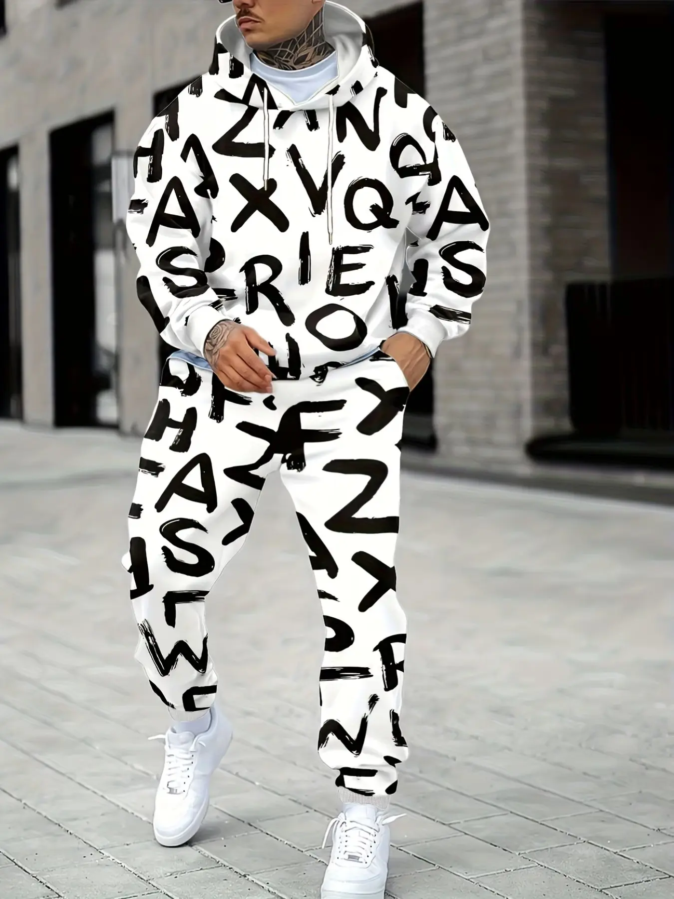 Men's Fall Winter Hooded Sweatshirt Set, Letter Print Sports Jacket, Running Two-Piece Casual Pullover, Comfortable and Stylish, Graphic Tracksuit Set