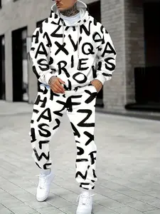 Men's Fall Winter Hooded Sweatshirt Set, Letter Print Sports Jacket, Running Two-Piece Casual Pullover, Comfortable and Stylish