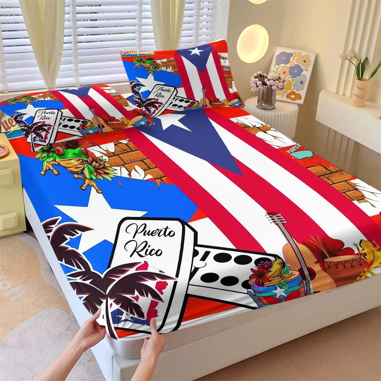 3Pcs Puerto Rico Boricua Fitted Sheet Set, Coqui Frog Flag Palm Domino Print Patriotic Bedding, Skin-Friendly Breathable HD Printed Deep Pocket Non-Slip Mattress Cover, All Ages Bedroom Dorm Decor, Ideal Gift for Puerto Rico Culture Lovers