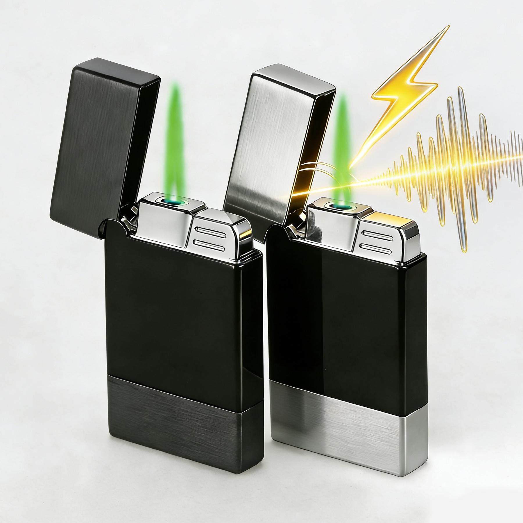 Windproof Push-Button Ignition Torch Lighter with Adjustable Green Flame, Refillable Butane Metal Jet Lighter, Portable Direct Flame, Suitable for Camping, Barbecuing, Candle Lighting, And Kitchen Use (Butane Not Included), Without Battery