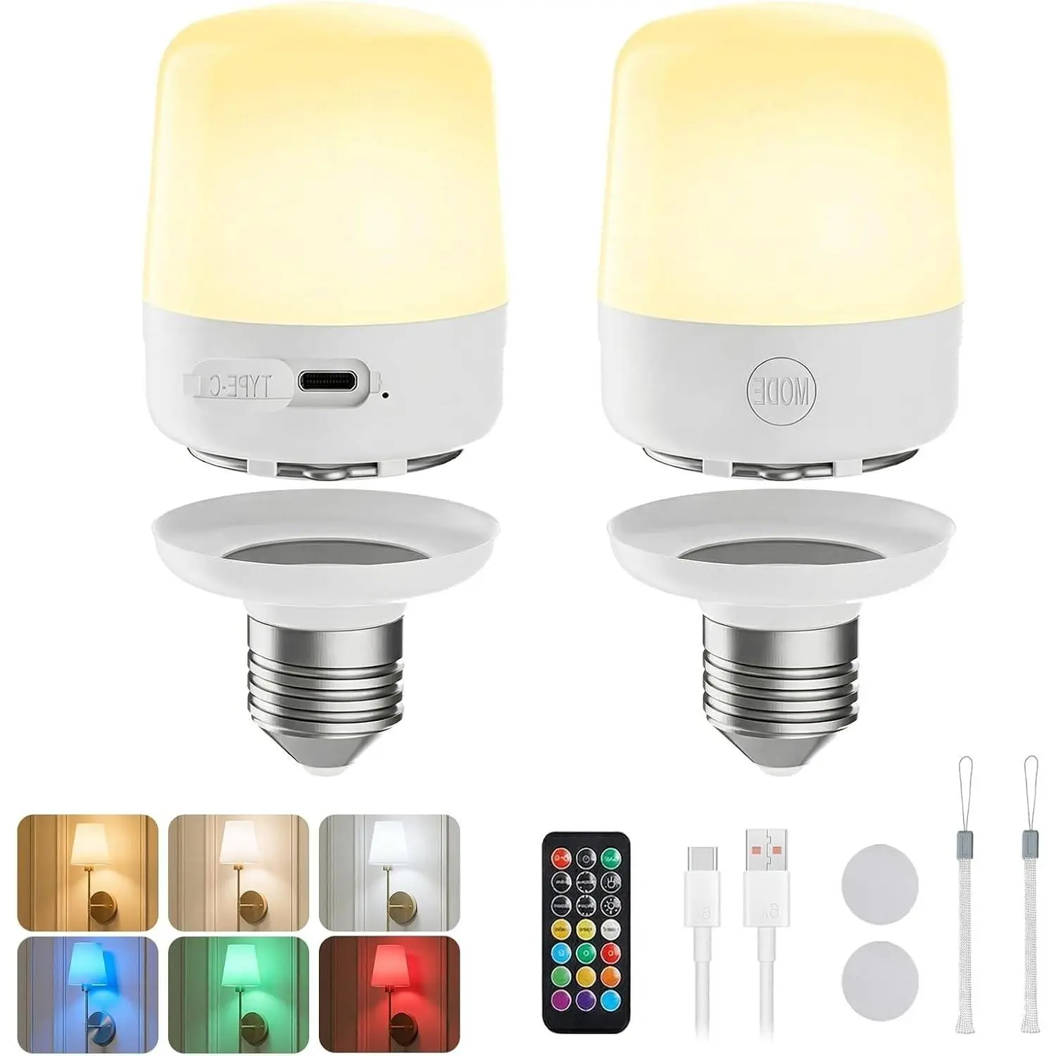 E26 Rechargeable Light Bulbs with Remote Control and Timer, 2-PackGift
