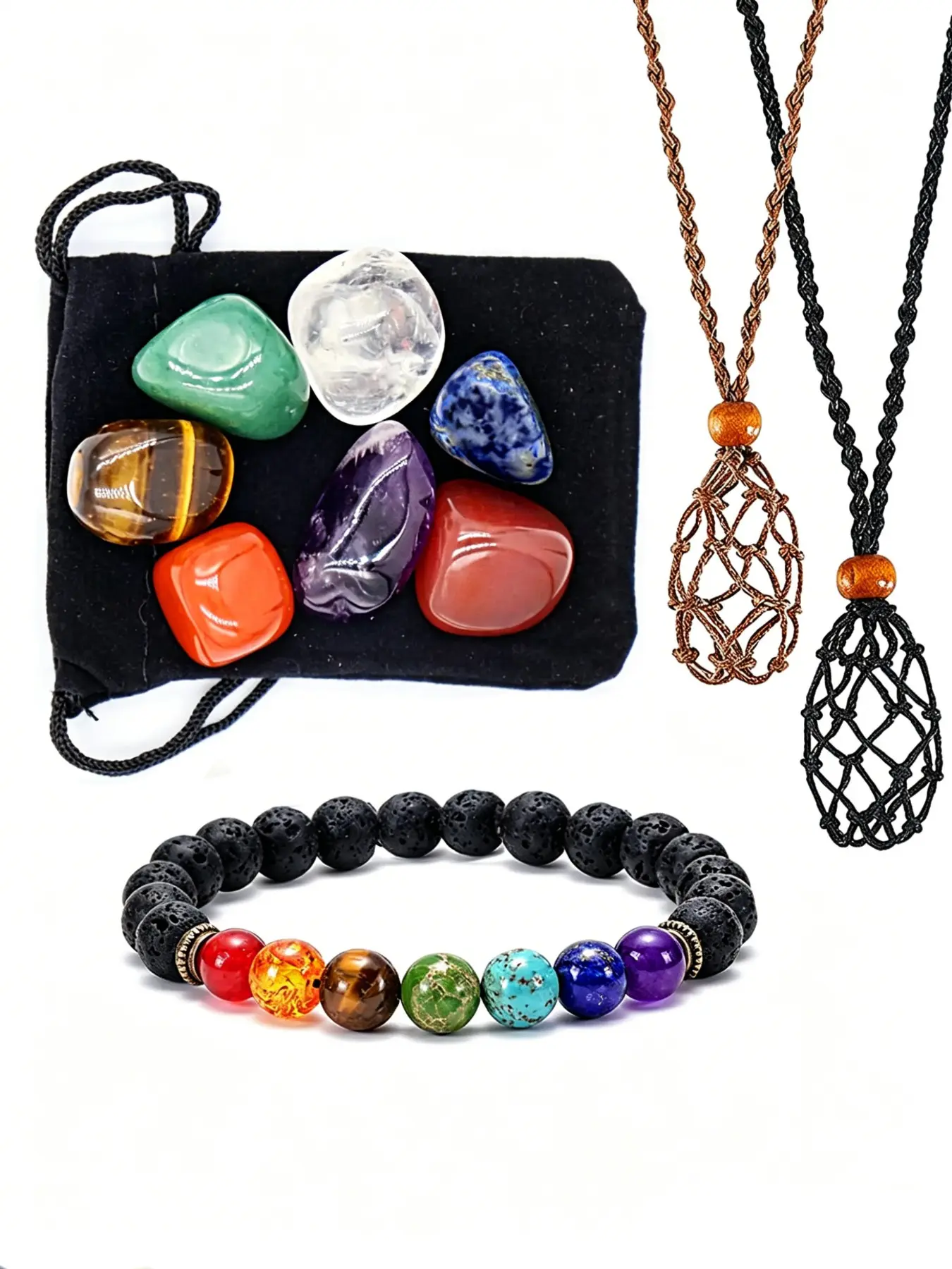 Complete Chakra Crystal Gift Set, Reusable Gemstone Net Holder Necklace & Lava Stone Bracelet, 7 Pcs Natural Chakra Tumbled Stones, Premium Storage Pouch, Thoughtful Energy Alignment Spiritual Balance Present for Birthday, Christmas & Anniversary