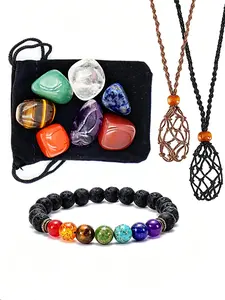 7 Chakra Healing Crystal Jewelry Set for Men Women, Lava Rock Chakra Bracelet + Adjustable Net Bag Stone Pendant Necklace, Polished Natural Tumbled Stones, Spiritual Meditation Accessory, Energy Balancing Gift for Yoga Lovers