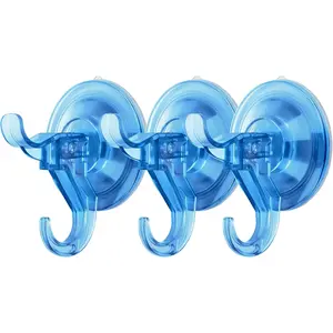 3 Pack Suction Hooks, Clear Suction Hangers for Shower, Bathroom, Glass, Door, Windows, Kitchen-Up to 11 lbs on Smooth Surface (Transparent Blue)