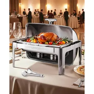 VEVOR Roll Top Chafing Dish Buffet Complete Set, 9 Qt 1 Pack Stainless Steel Chafer with 2 Half Size Pans, Rectangle Catering Warmer Server with Visible Lid Water Pan Folding Stand Fuel Holder, Silver