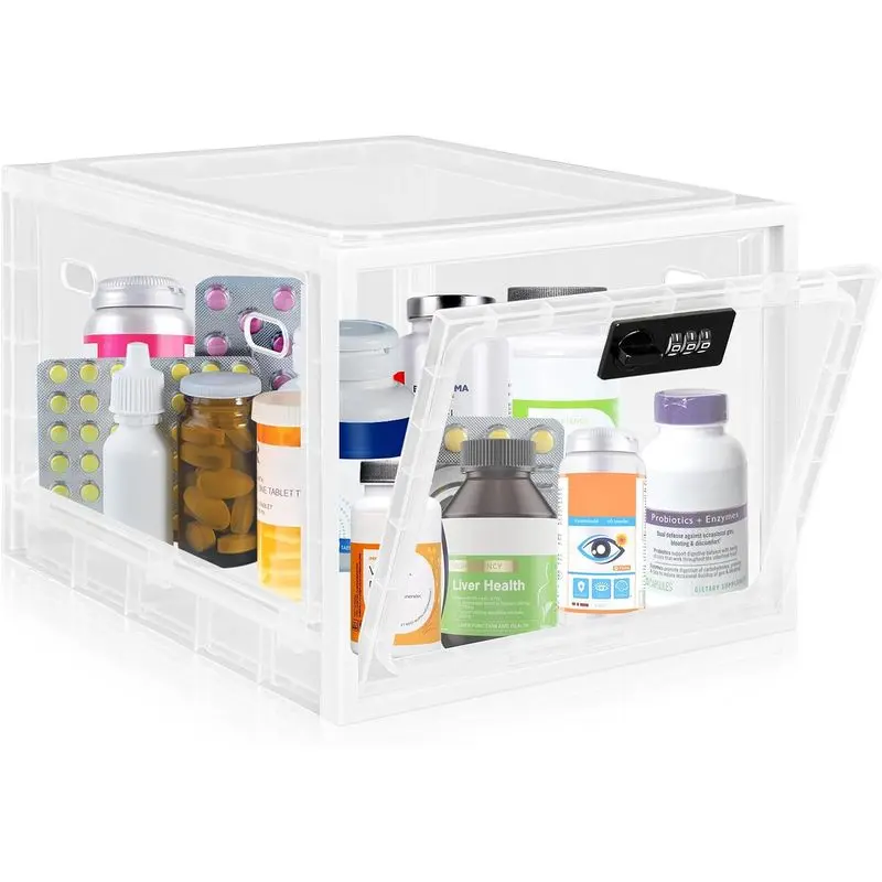 Medicine Lock Box for Safe Medication, Premium Material Lockable Storage Box Locking Organizer Bin with Combination Code for Fridge Food/Snacks/Phone/Tablet Jail/Home/Office Storage Lockers