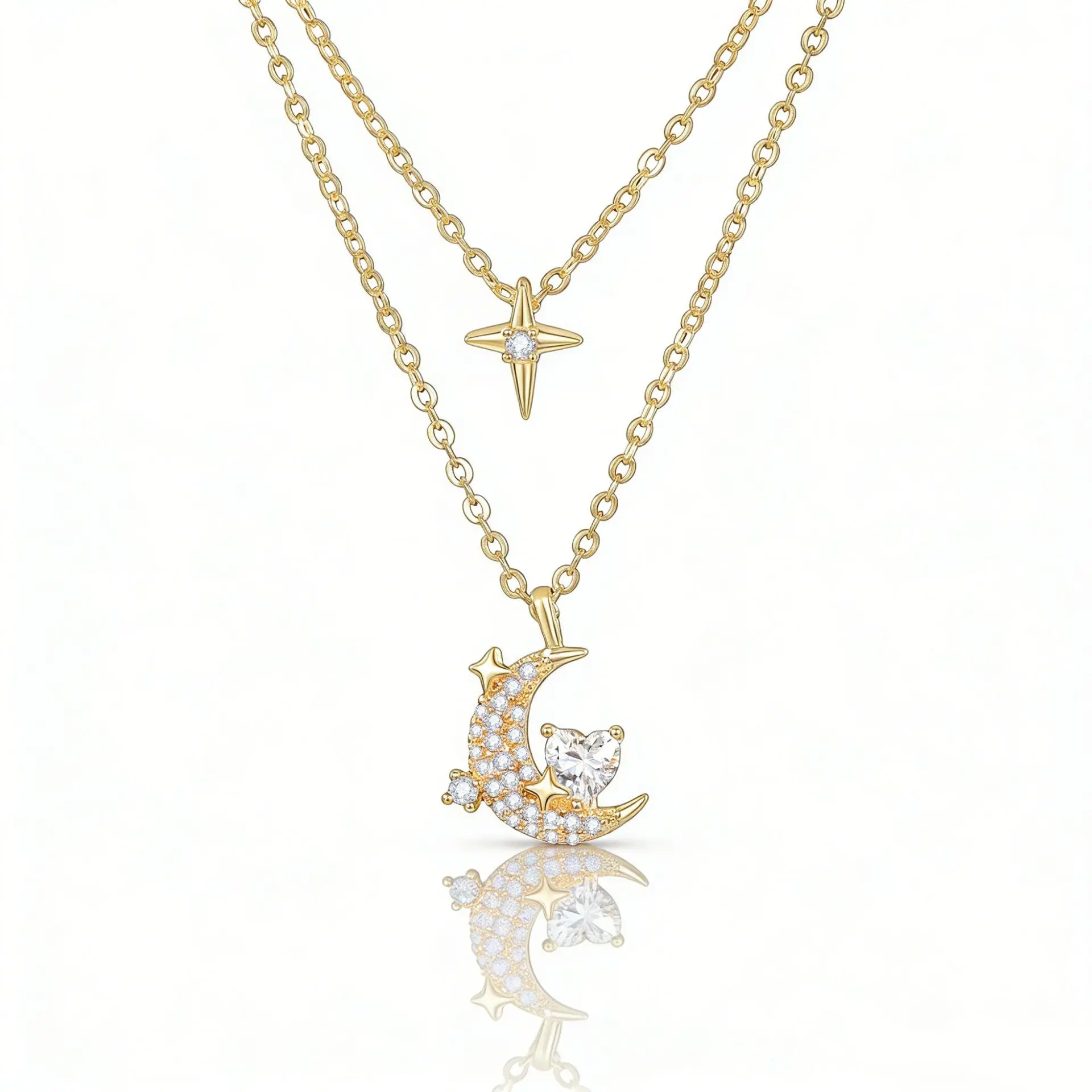Women's Dainty Double-Layer Non-Natural Crystal Star and Moon Collarbone Pendant Necklace - Fashion Minimalist Jewelry, Premium Safe Material, Everyday Wear, Exquisite Mother’s Day Gift for Females, Dainty Necklaces, Birthday Gift Jewelry, Everyday Wear J