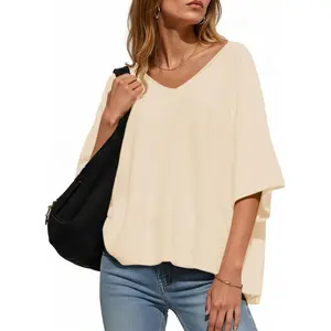 Saodimallsu Womens Oversized Summer Sweater Half Sleeve Batwing V Neck Dolman Sleeve Trendy Casual Knit Tops
