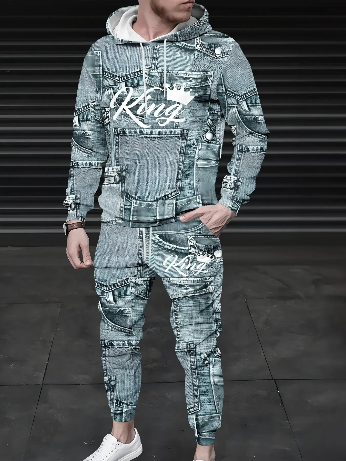 Men's Denim Patchwork Hoodie and Pants Set, Full Print Crown Logo, Drawstring Hooded Sweatshirt, Casual Streetwear