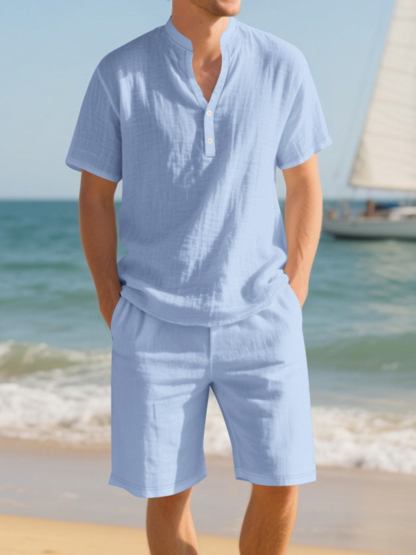 Men's Trendy Casual Linen 2-Piece Set, Henry Neck Shirt & Shorts, Summer Beach Vacation Style, Easy Match for Beach & Daily Wear