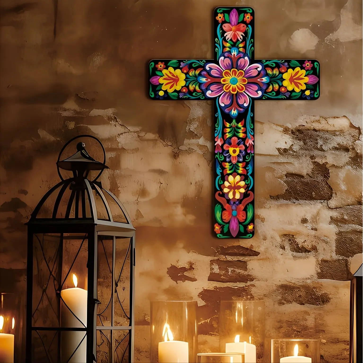 Mexican Folk Floral Pattern Wooden Cross Wall Sign, Vibrant Colorful Tropical Flower Print Wooden Cross Wall Decor, Boho Southwest Religious Wooden Wall Plaque For Living Room Chapel Bedroom Church Hanging Ornament Baptism Housewarming Gift