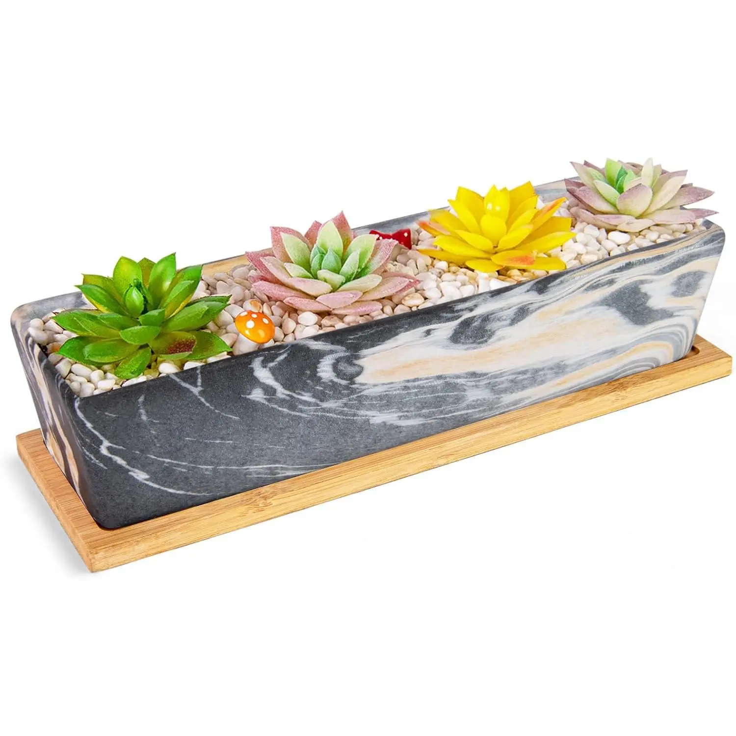 Succulent Pots - 12.1 Inch Large Succulent Pots with Drainage Tray, Window Sill Planter, Long Rectangle Ceramic Pots for Indoor Cactus/Succulent  Shallow Bonsai Window Box for  Garden Decor