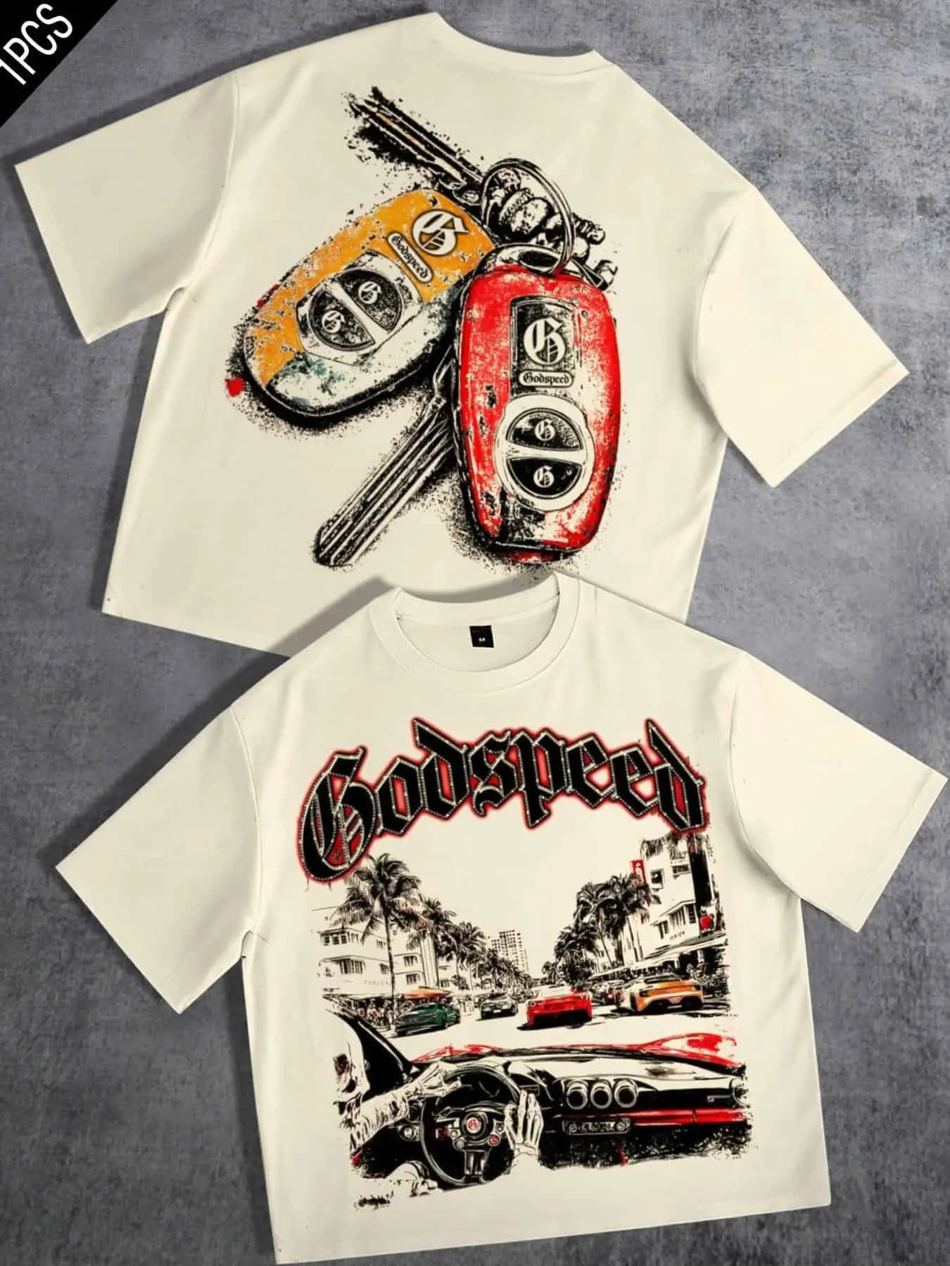 Godspeed Unisex Loose-Fit Crewneck T-Shirt – Featuring Gothic-style typography, a palm-lined street scene, a sports car, and a vintage car key graphic; double-sided print; suitable for casual, streetwear, and sporty styles.