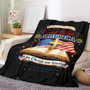 1pc 250th Anniversary of the Founding of the United States "God Bless America" Faith-Themed Printed Outdoor Blanket - Thickened, Warm, All-Season, Soft, Plush Blanket, Suitable for Use in Cars, Offices, on Sofas, or in Dorms