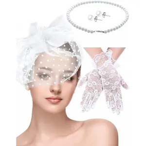 Honoson 4 Pcs Fascinators Hats Set for Women Tea Party Accessory Headpiece Veil Lace Glove Pearl Set, Wedding Halloween Xmas