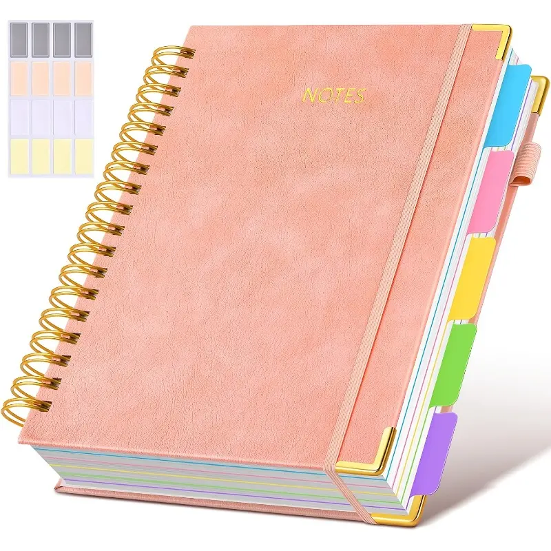 1 set of A4 leather spiral notebook with detachable partition label, Notebook With Tabs, 300 pages, 5 columns notebook, 8.5 "X11" large-sized notebook, suitable for work, school notes, diary, and back to school season